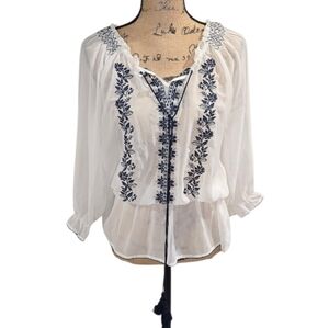 Kariss White Embroidered Peasant Blouse Boho Floral Tassel Tie Neck Women's M‎